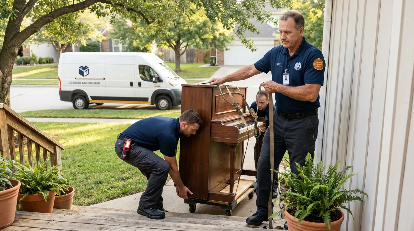 Licensed piano movers securing grand piano in Detroit, MI