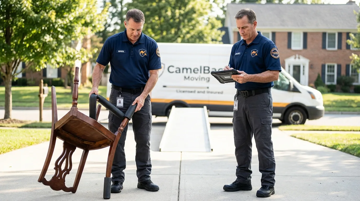 Movers inspecting furniture for damage prevention before loading in Detroit, MI