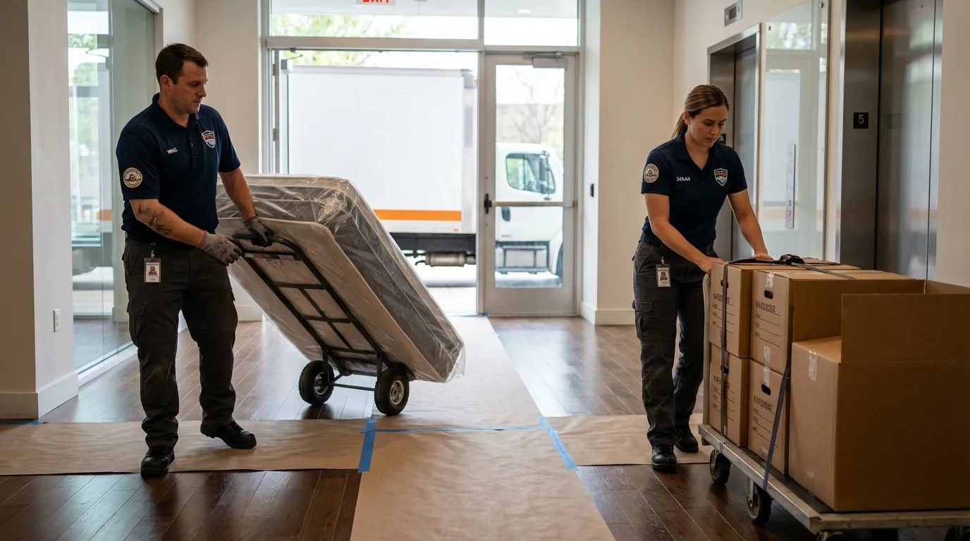 Professional apartment movers loading elevator in Detroit, MI